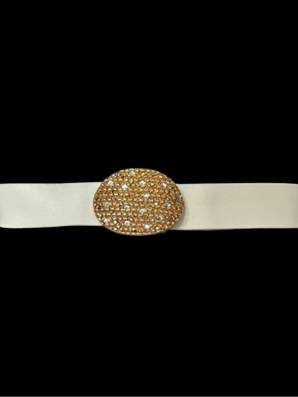 St. John Vintage White Wide Leather Belt w/Gold & Silver Crystal Oval Buckle